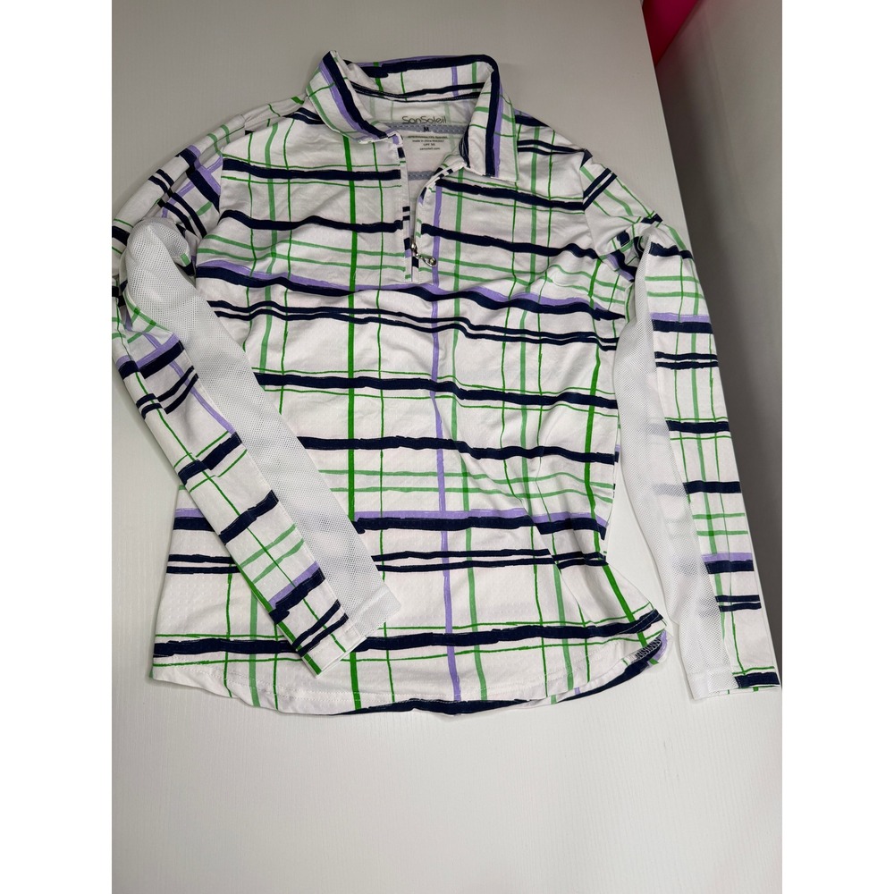 SanSoleil Womens M SolCool Plaid Quarter Zip Long Sleeve Golf Top UPF 50 Green - Picture 8 of 10